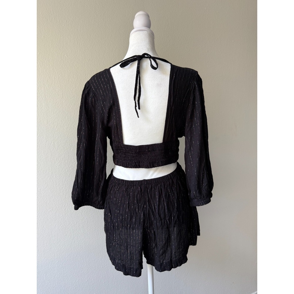 Tori Praver Black Metallic Stripe 2 Pcs Set M Crop Top Shorts Boho Beach Casual - Picture 3 of 16